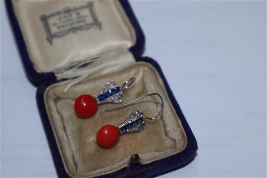 A pair of white metal, coral bead, diamond and synthetic? sapphire earrings 19mm.